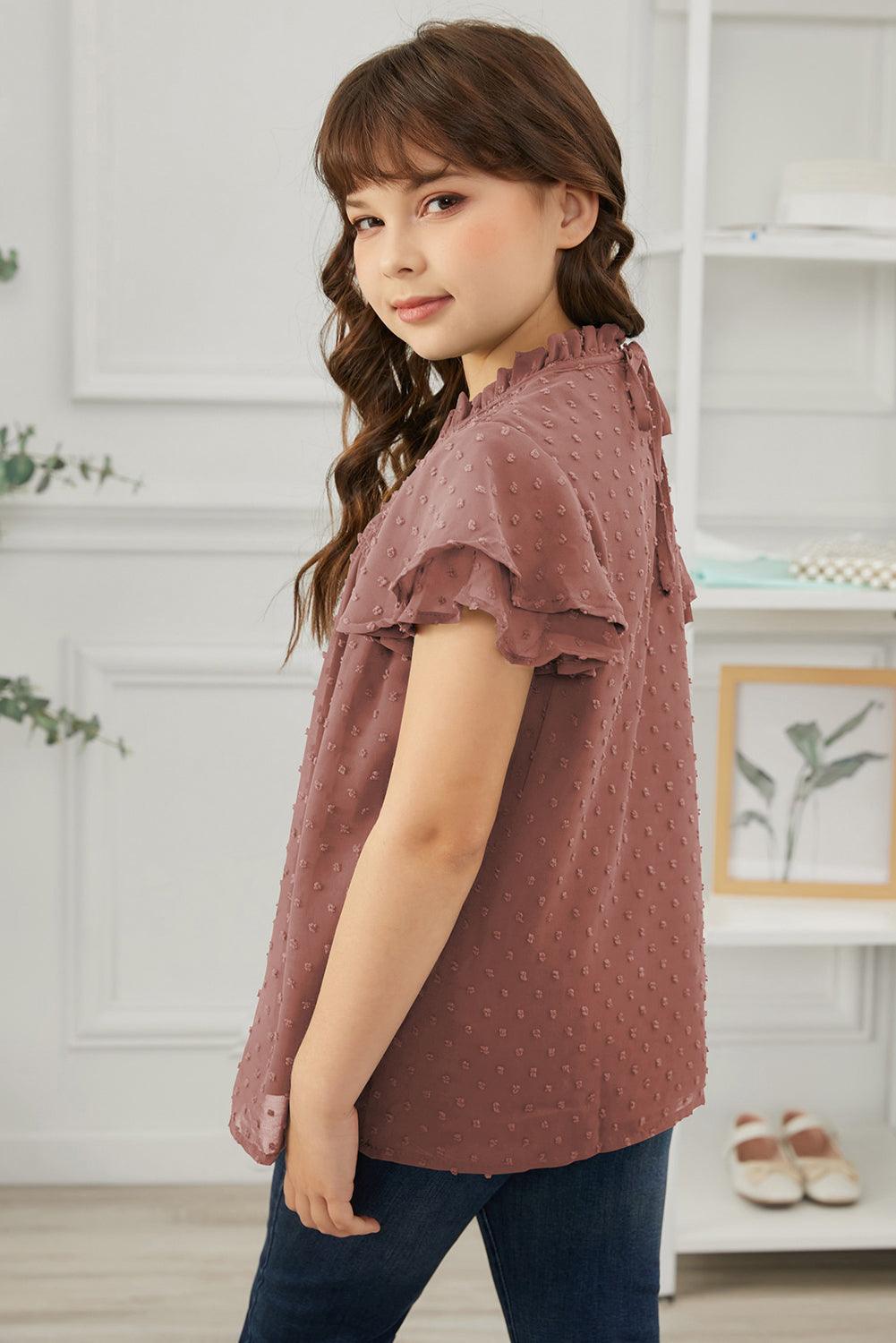 Girls Swiss Dot Smocked Flutter Sleeve Blouse - PRAYANS