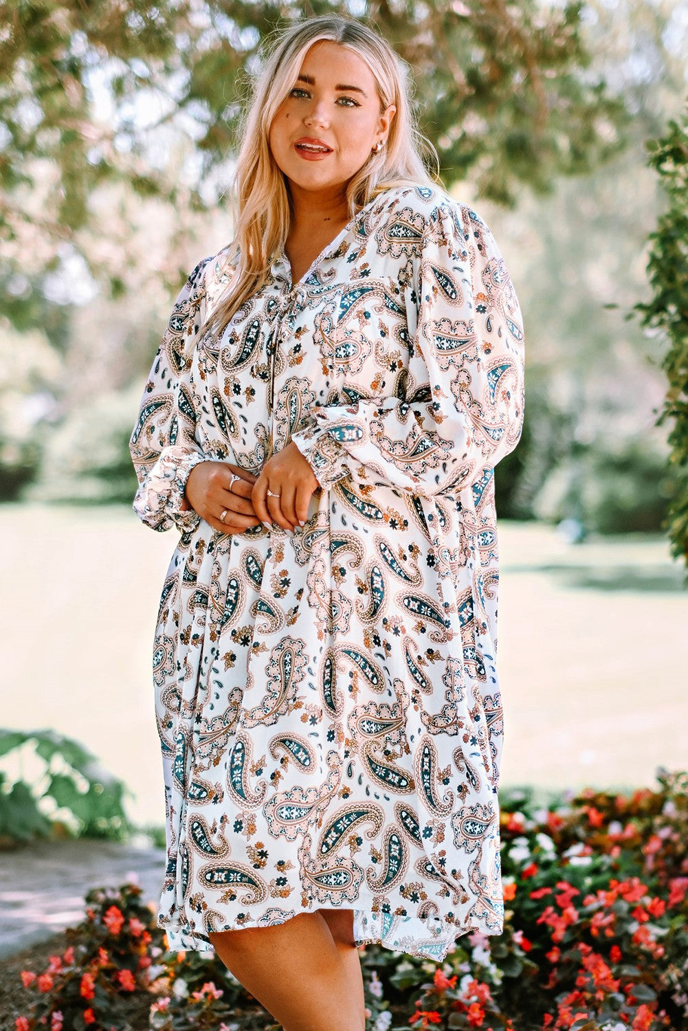 Plus Size Paisley Print Puff Sleeve Dress - PRAYANS