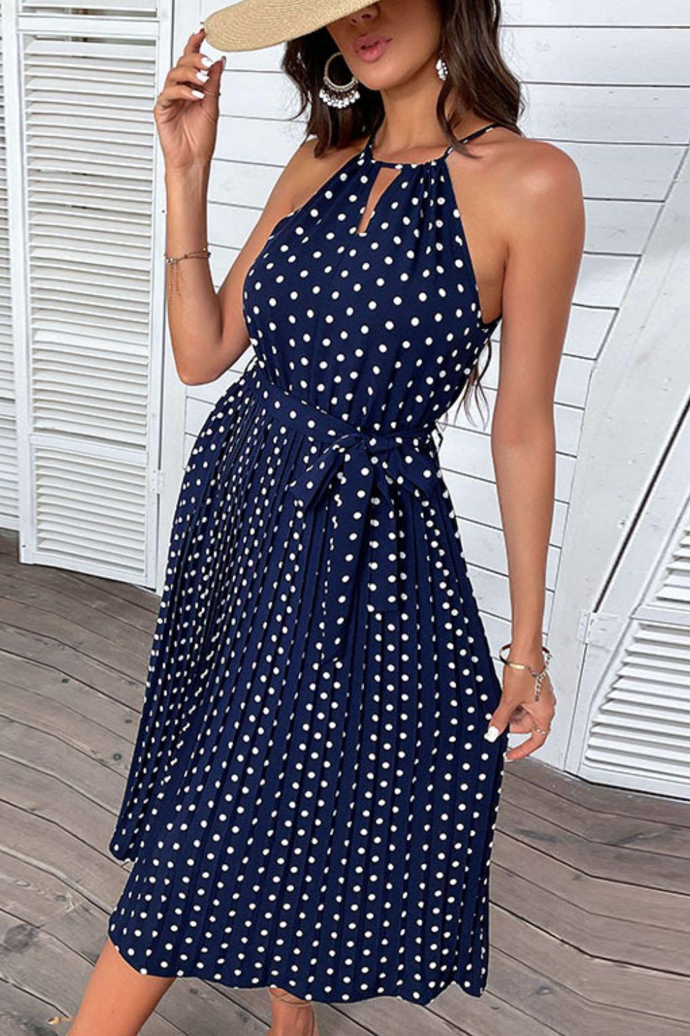 Polka Dot Tie-Waist Sleeveless Midi Dress - PRAYANS