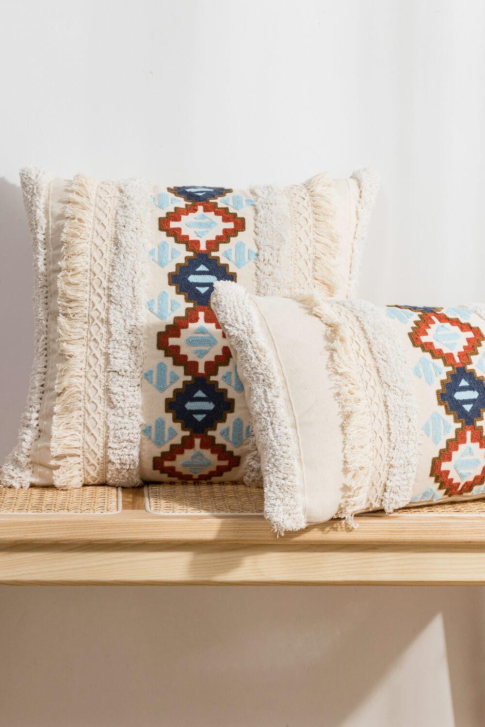 Embroidered Fringe Detail Decorative Throw Pillow Case - PRAYANS