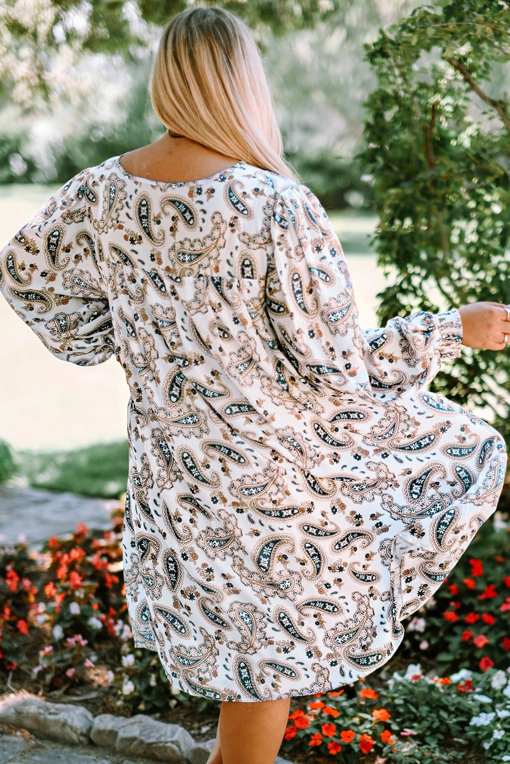 Plus Size Paisley Print Puff Sleeve Dress - PRAYANS