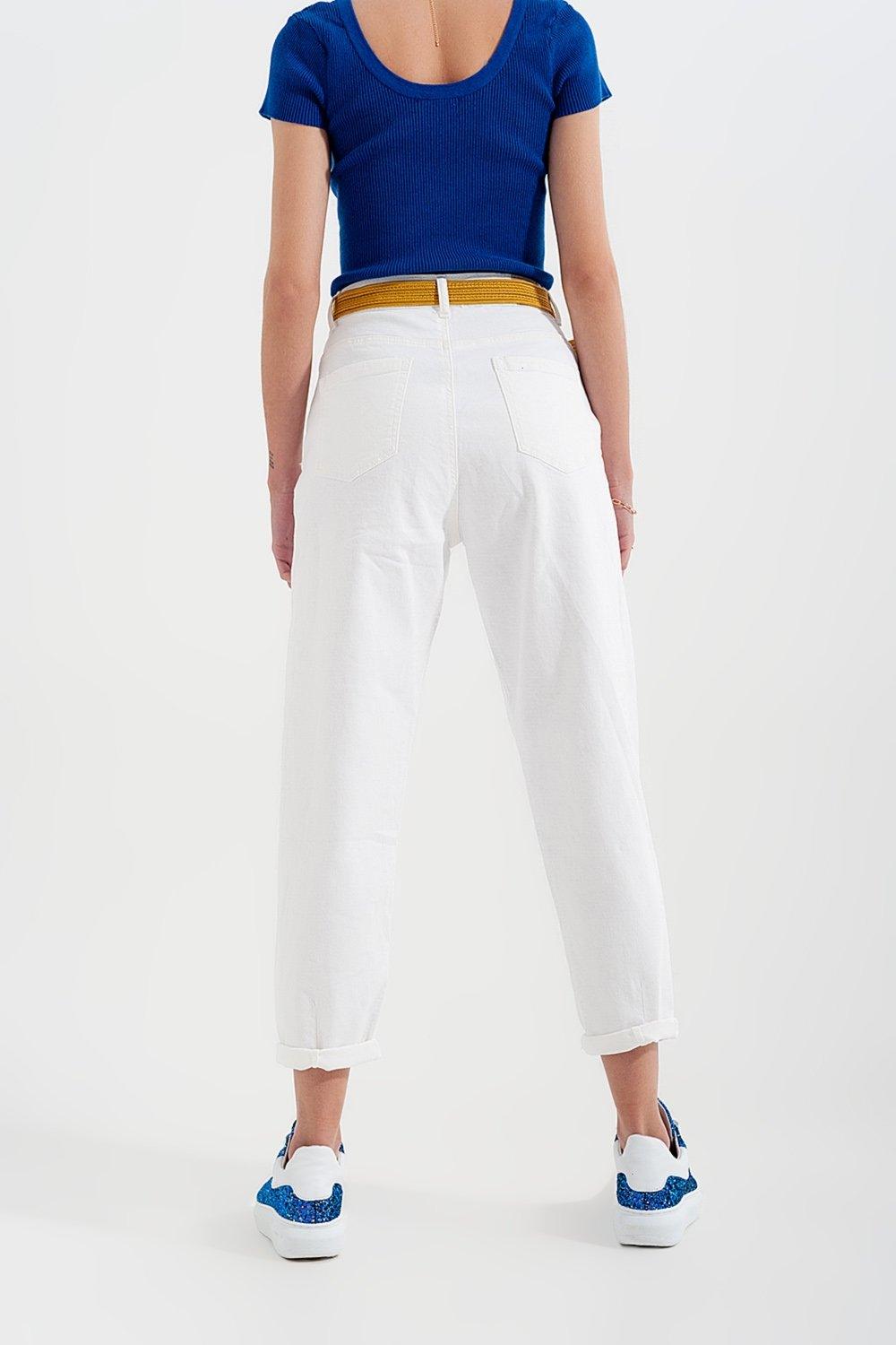 High Rise Mom Jeans With Pleat Front in White - PRAYANS