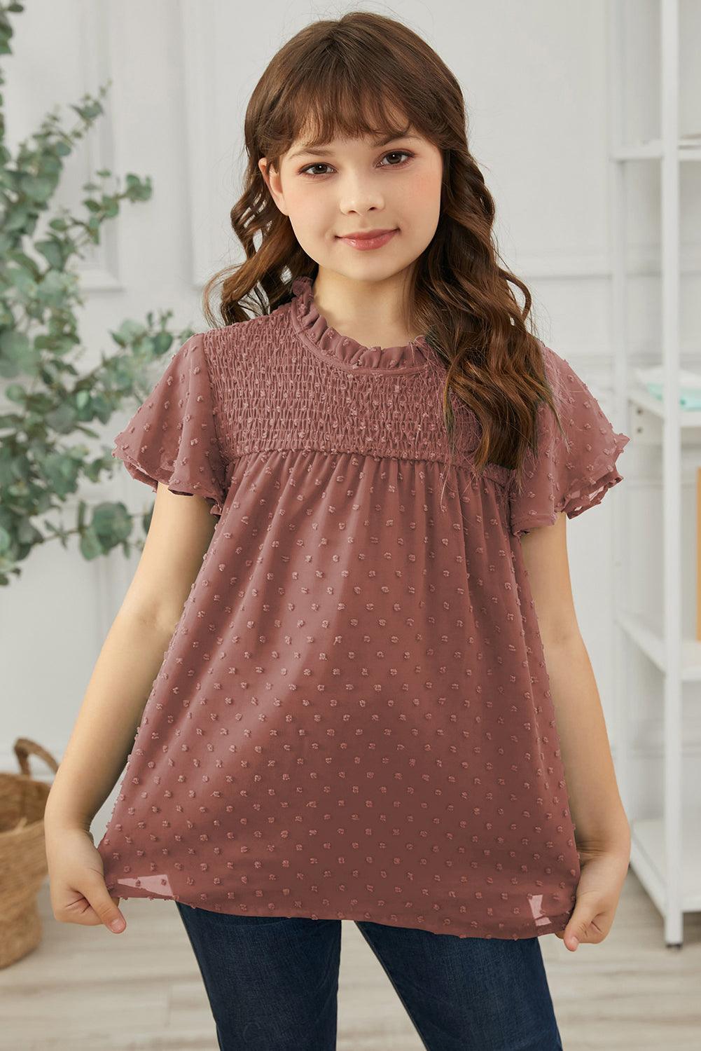 Girls Swiss Dot Smocked Flutter Sleeve Blouse - PRAYANS