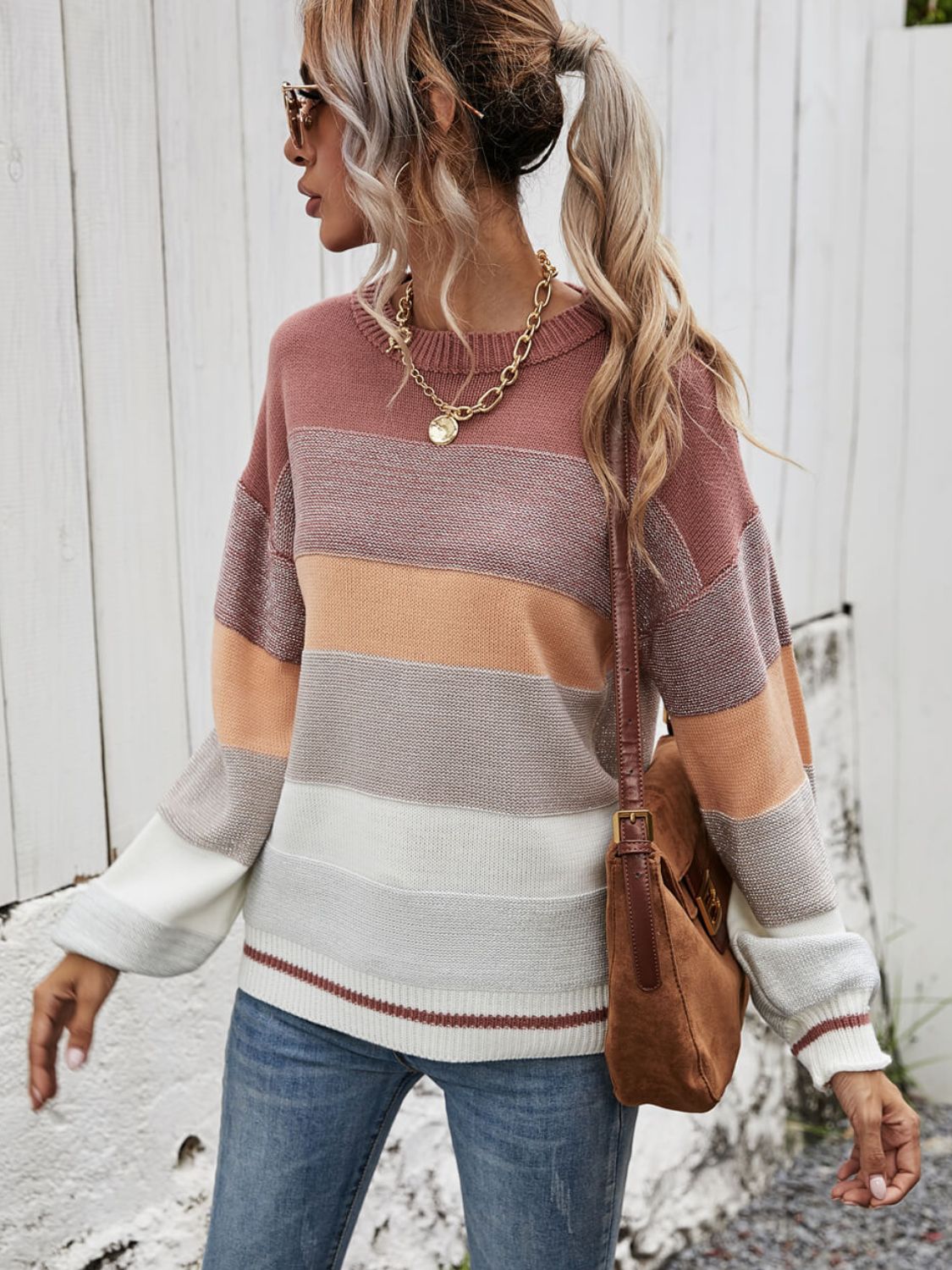 Striped Ribbed Trim Sweater - PRAYANS