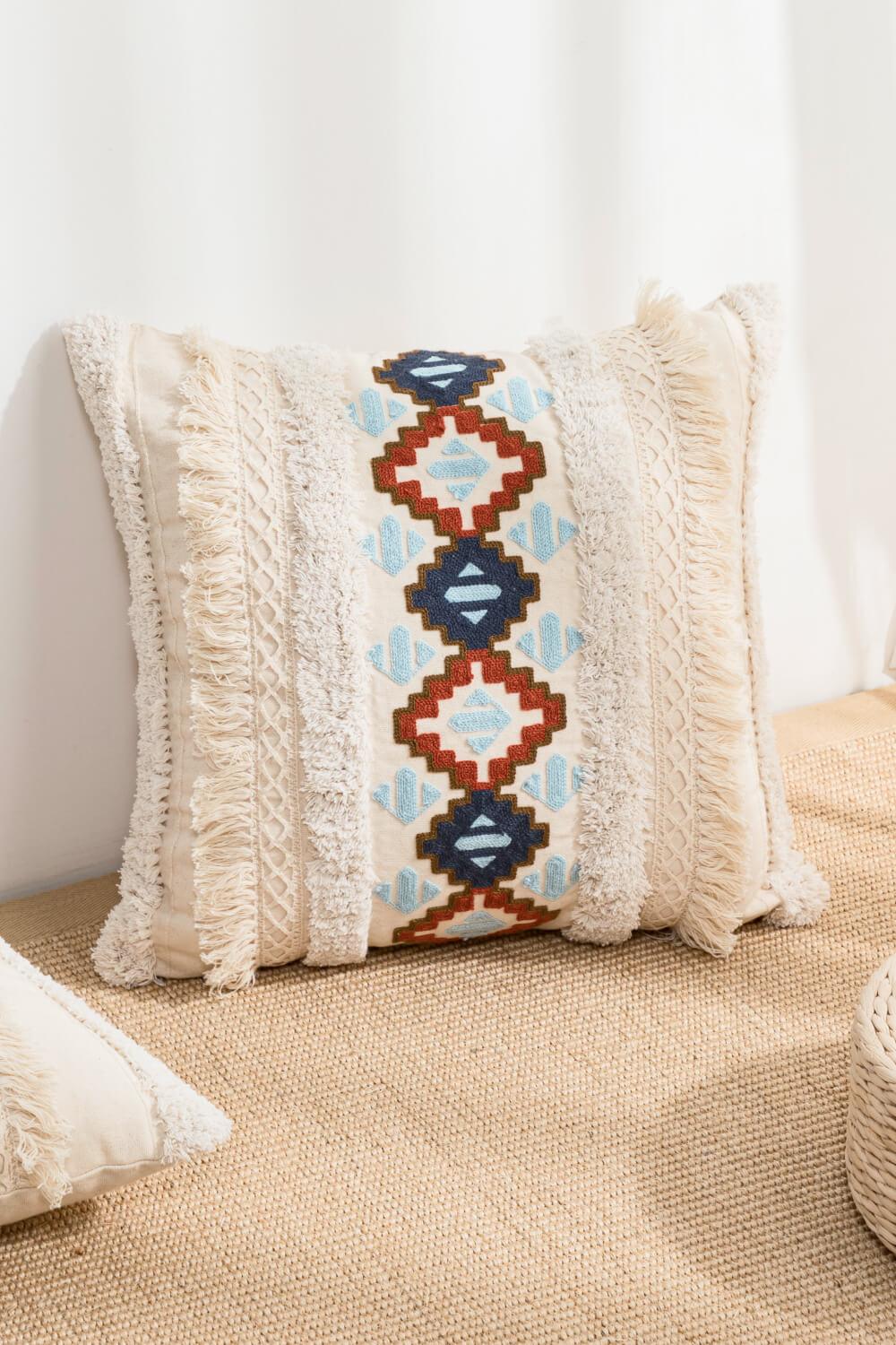 Embroidered Fringe Detail Decorative Throw Pillow Case - PRAYANS