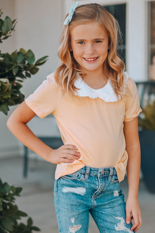 Girls Contrast Peter Pan Collar Short Sleeve Top - PRAYANS