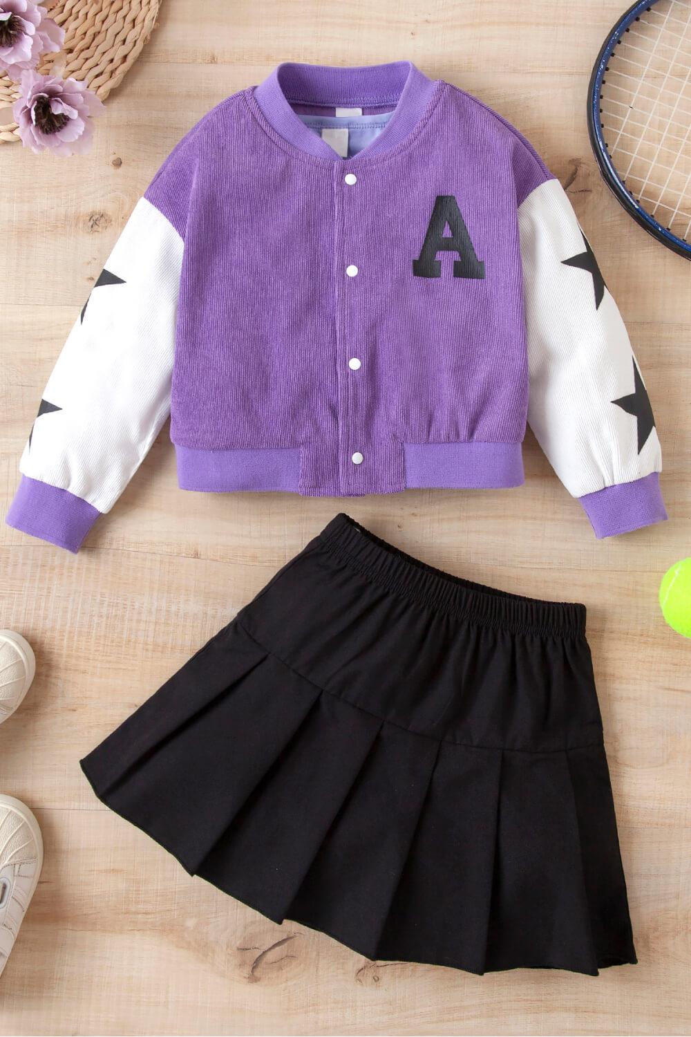 Girls Contrast Bomber Jacket, Tank, and Pleated Skirt Set - PRAYANS