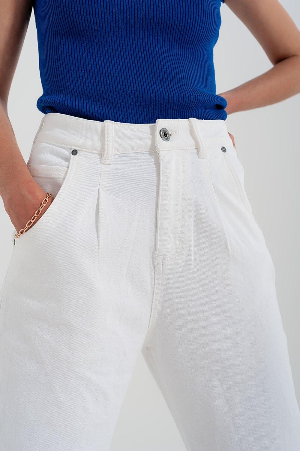 High Rise Mom Jeans With Pleat Front in White - PRAYANS