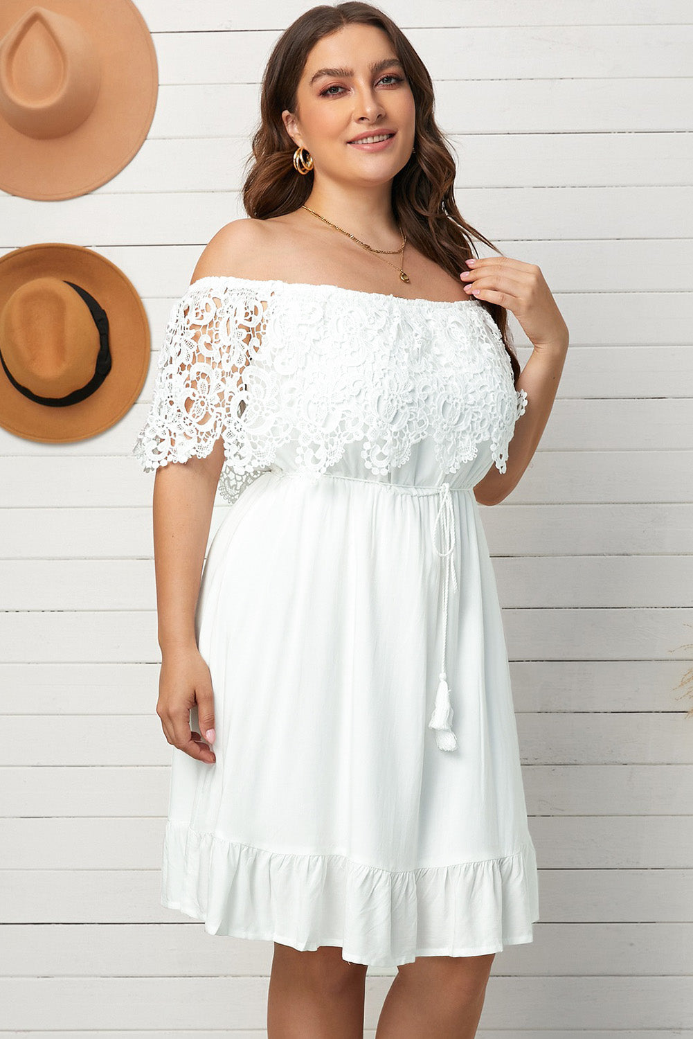 Plus Size Tassel Tie Spliced Lace Off-Shoulder Dress