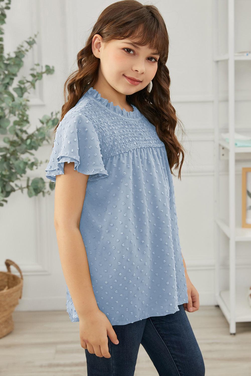 Girls Swiss Dot Smocked Flutter Sleeve Blouse - PRAYANS