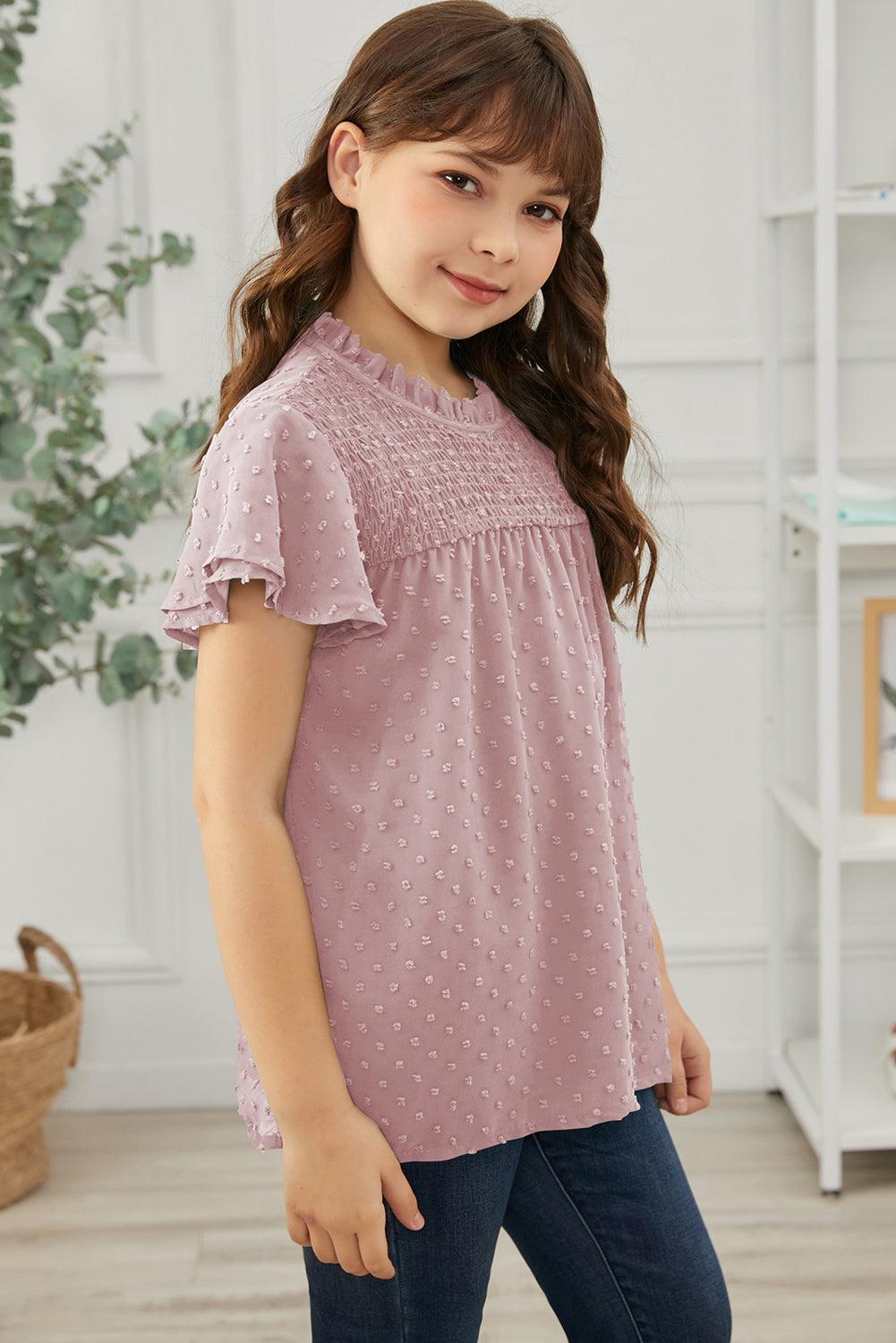 Girls Swiss Dot Smocked Flutter Sleeve Blouse - PRAYANS