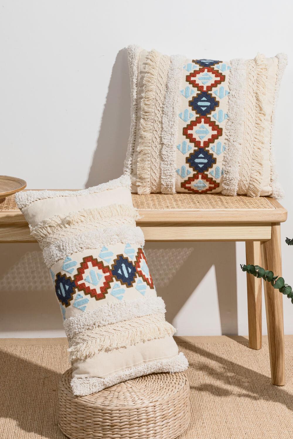 Embroidered Fringe Detail Decorative Throw Pillow Case - PRAYANS