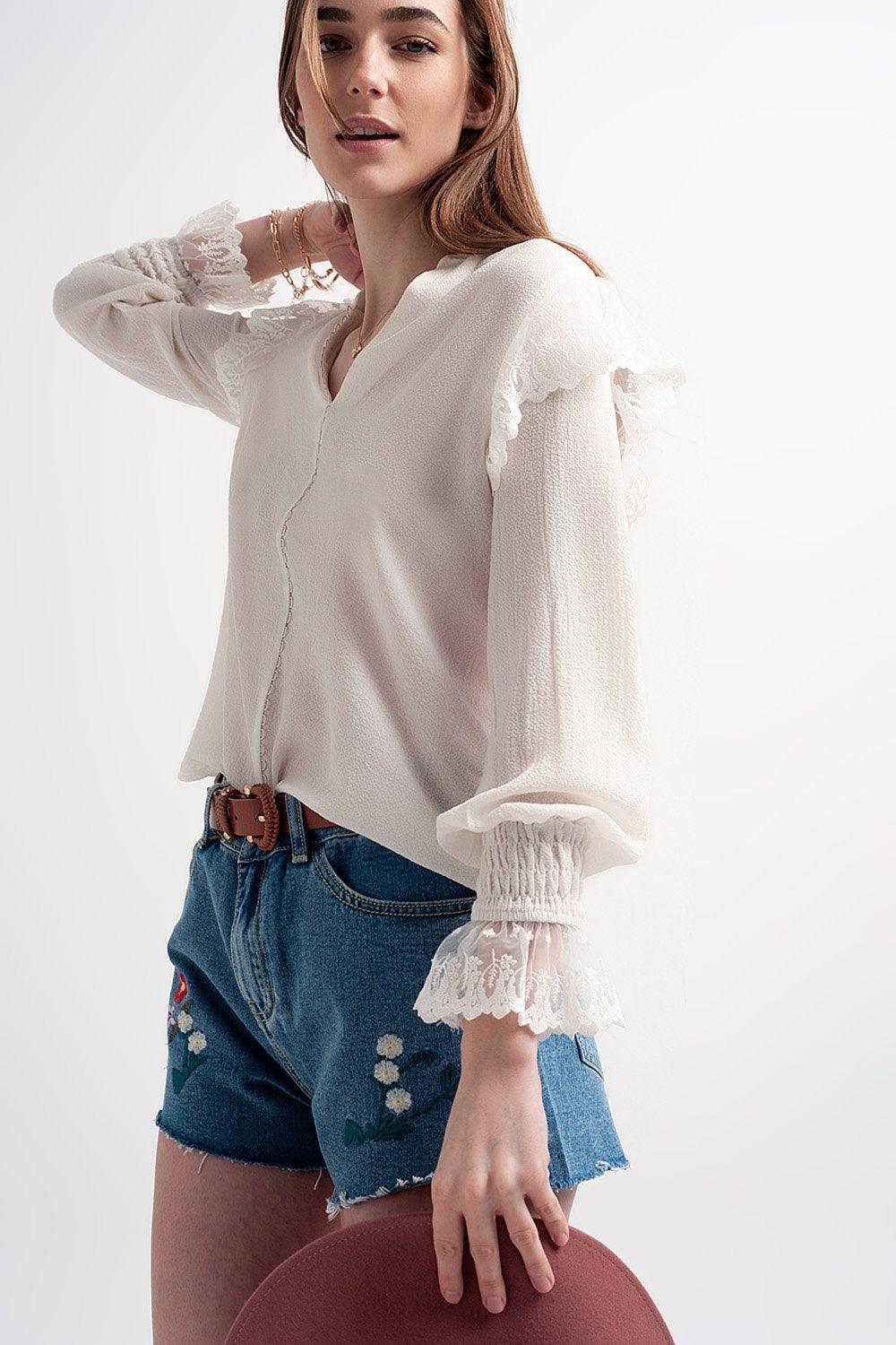 Volume Sleeve Blouse With Cuff Sleeve in Oyster - PRAYANS