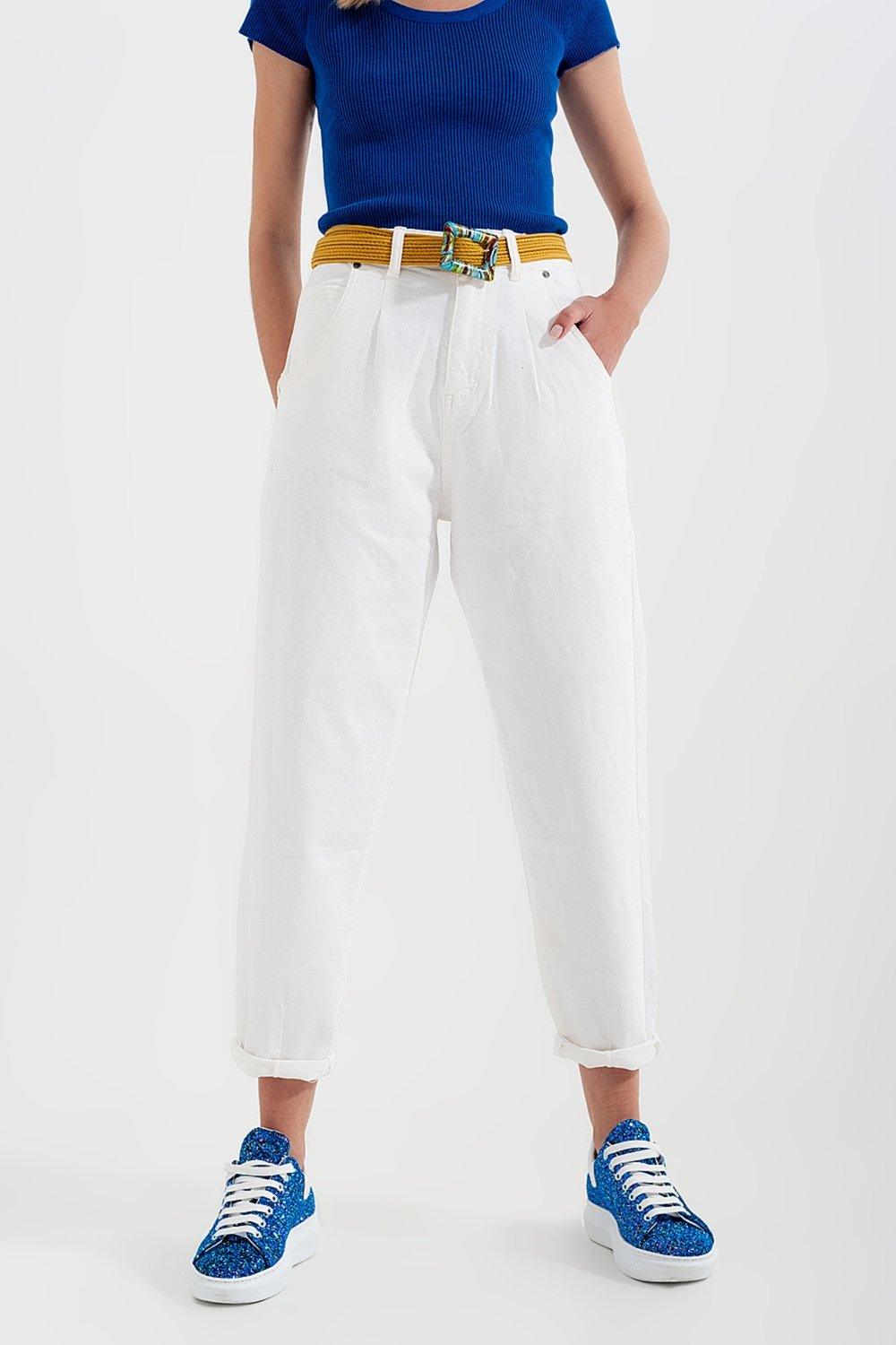 High Rise Mom Jeans With Pleat Front in White - PRAYANS