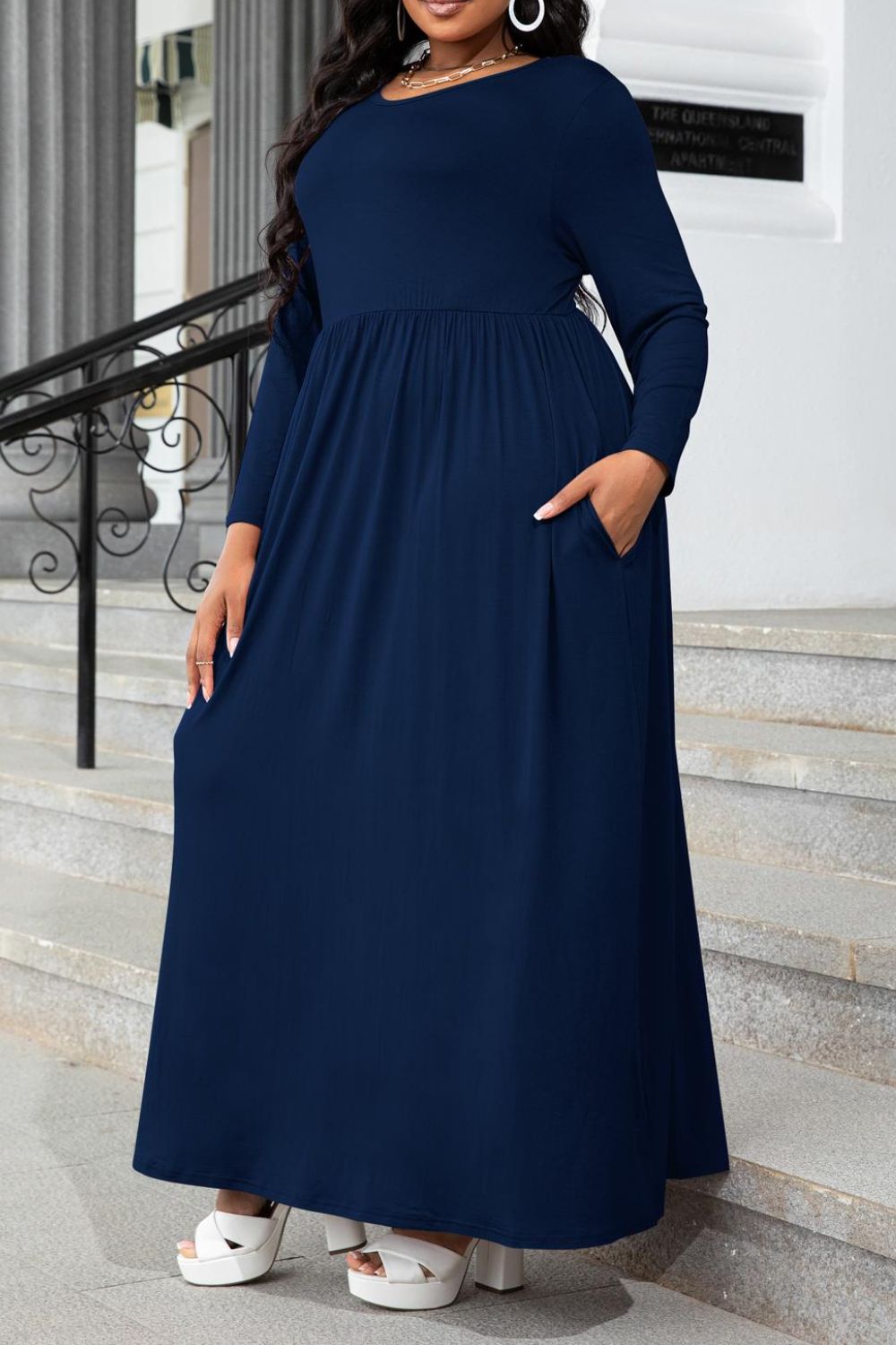 plus size maxi dress with sleeves Plus Size Round Neck Long Sleeve Maxi Dress with Pockets – PRAYANS