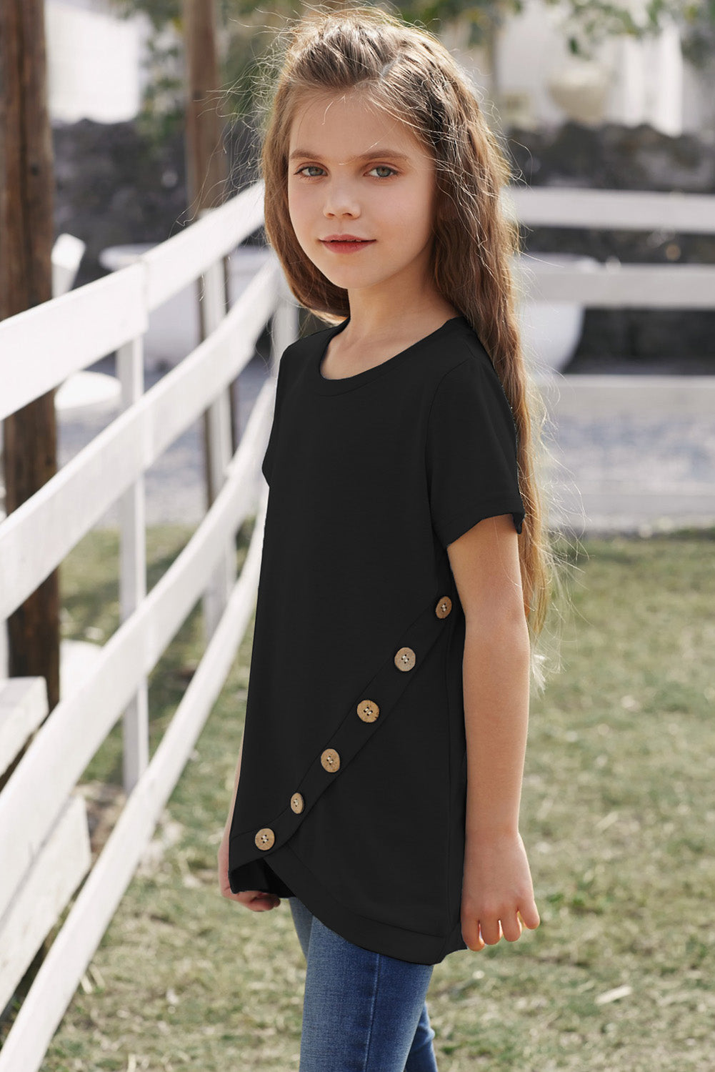 Girls Buttoned Tulip Hem T-Shirt