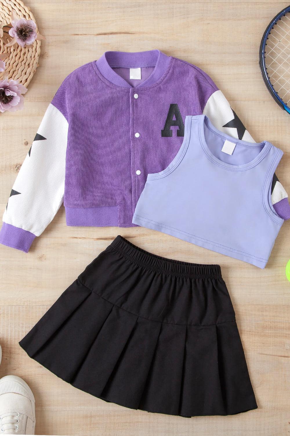 Girls Contrast Bomber Jacket, Tank, and Pleated Skirt Set - PRAYANS