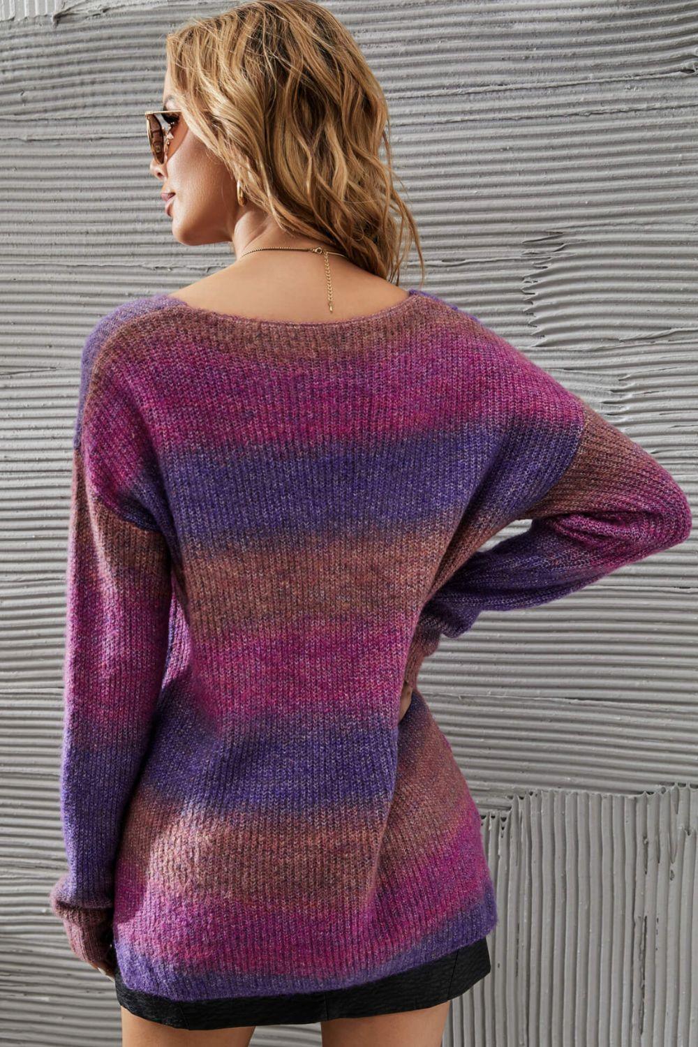 Multicolored Rib-Knit V-Neck Knit Pullover - PRAYANS