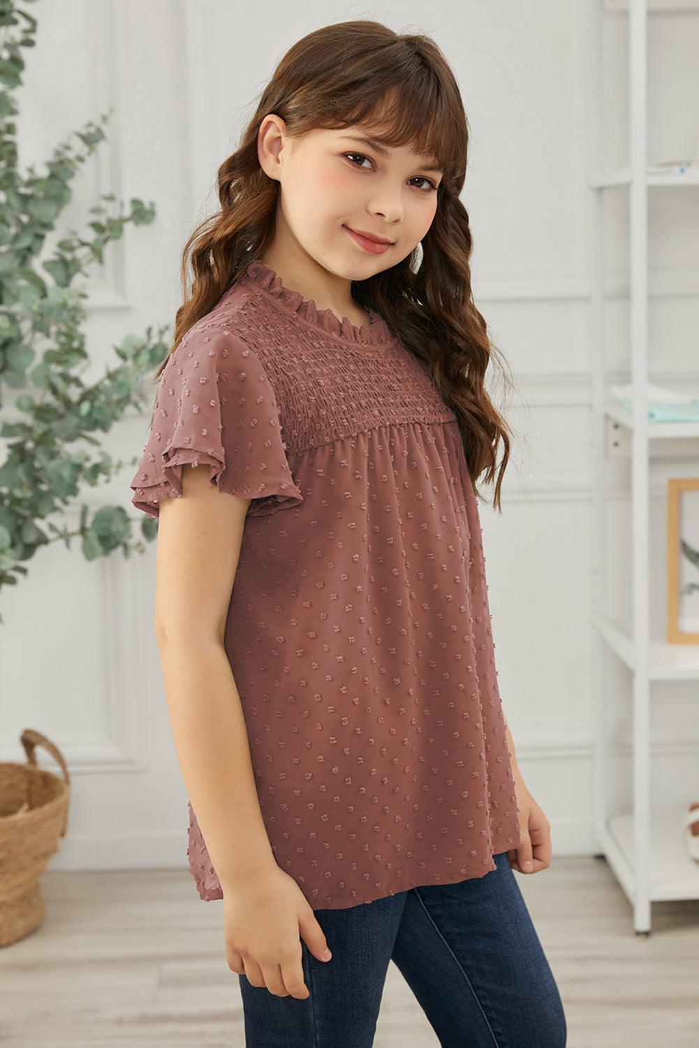 Girls Swiss Dot Smocked Flutter Sleeve Blouse - PRAYANS