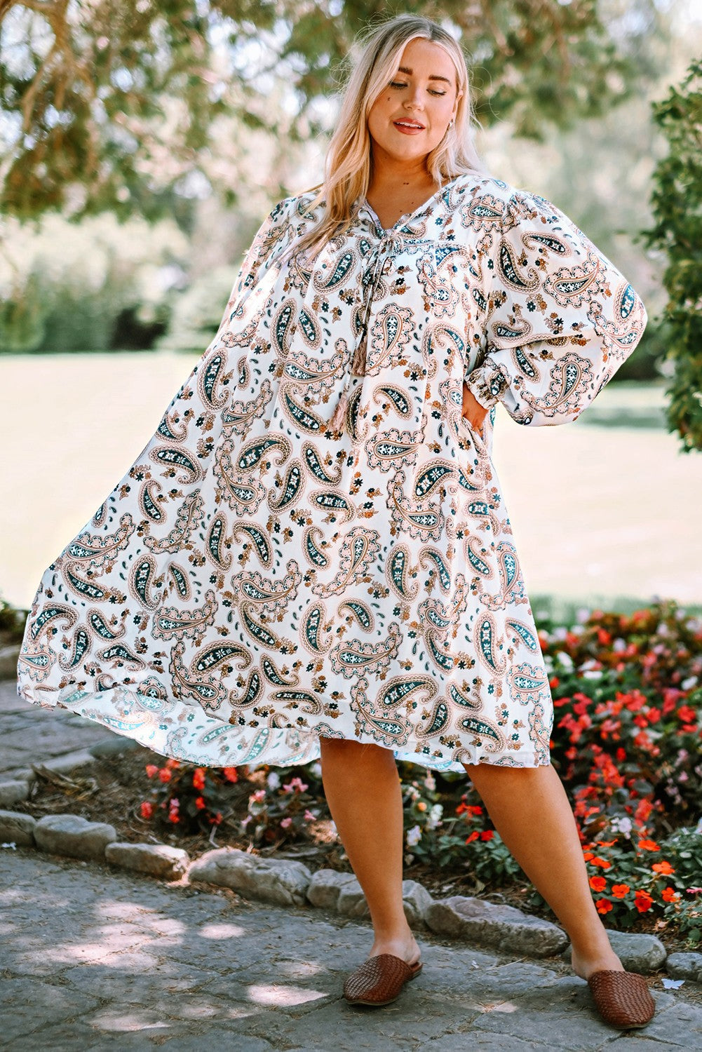 Plus Size Paisley Print Puff Sleeve Dress - PRAYANS