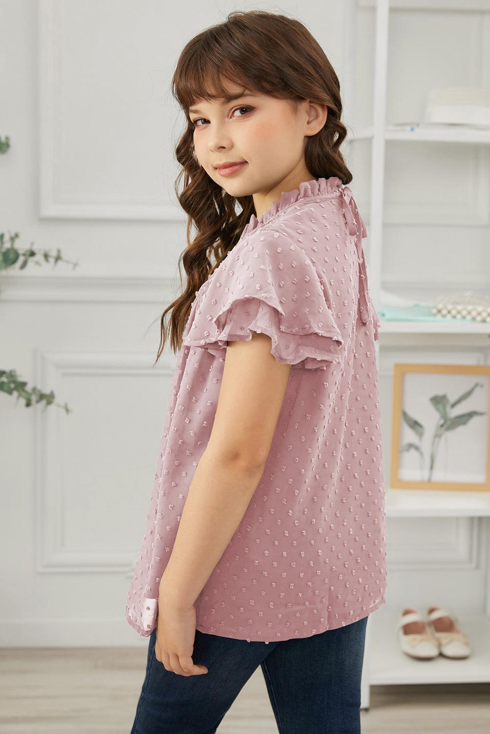 Girls Swiss Dot Smocked Flutter Sleeve Blouse - PRAYANS