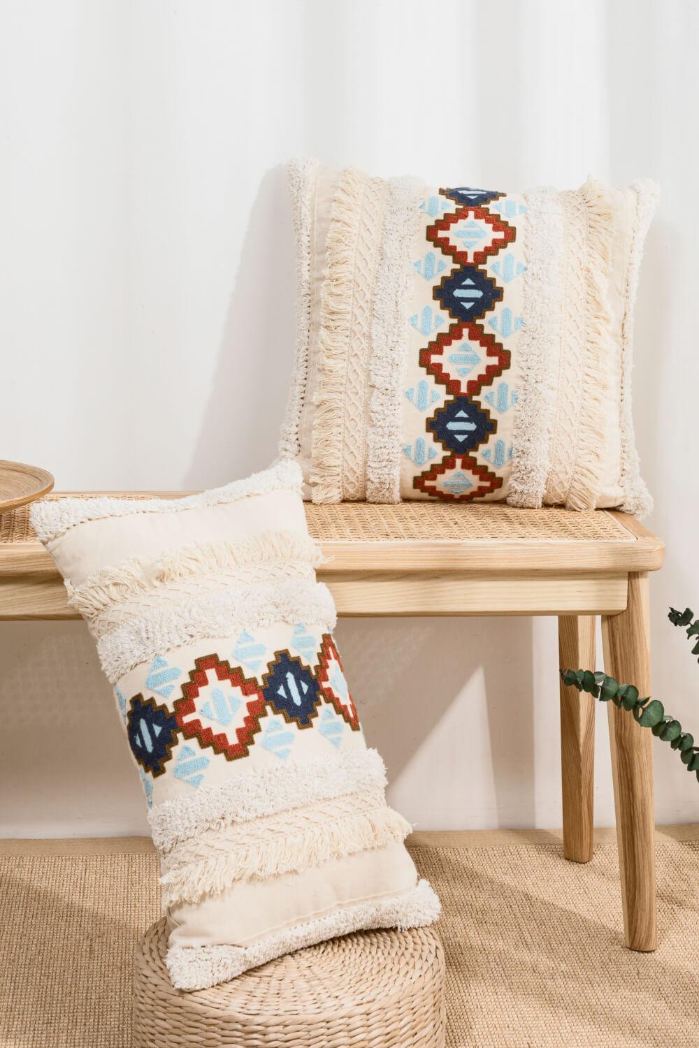 Embroidered Fringe Detail Decorative Throw Pillow Case - PRAYANS