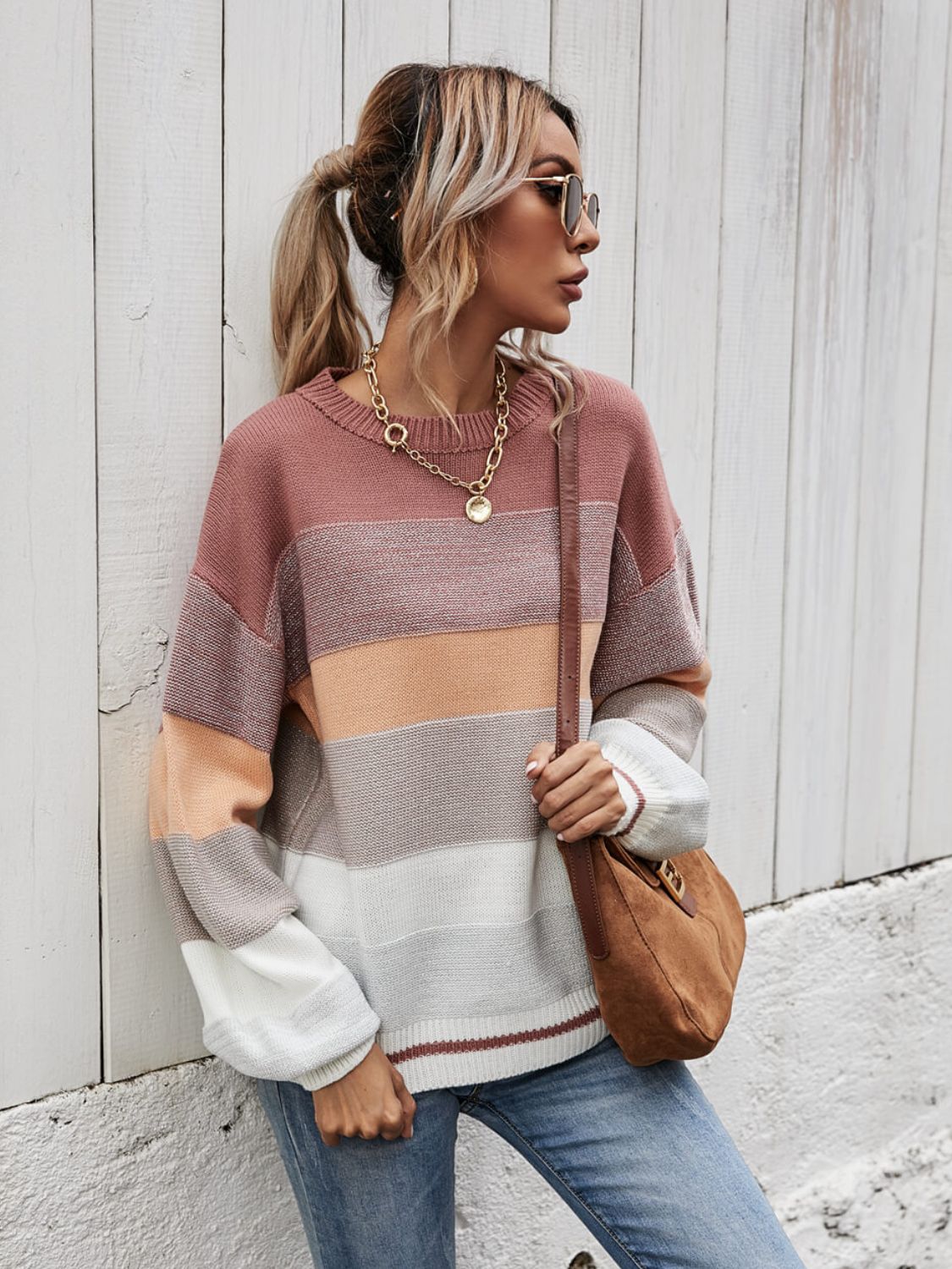 Striped Ribbed Trim Sweater - PRAYANS