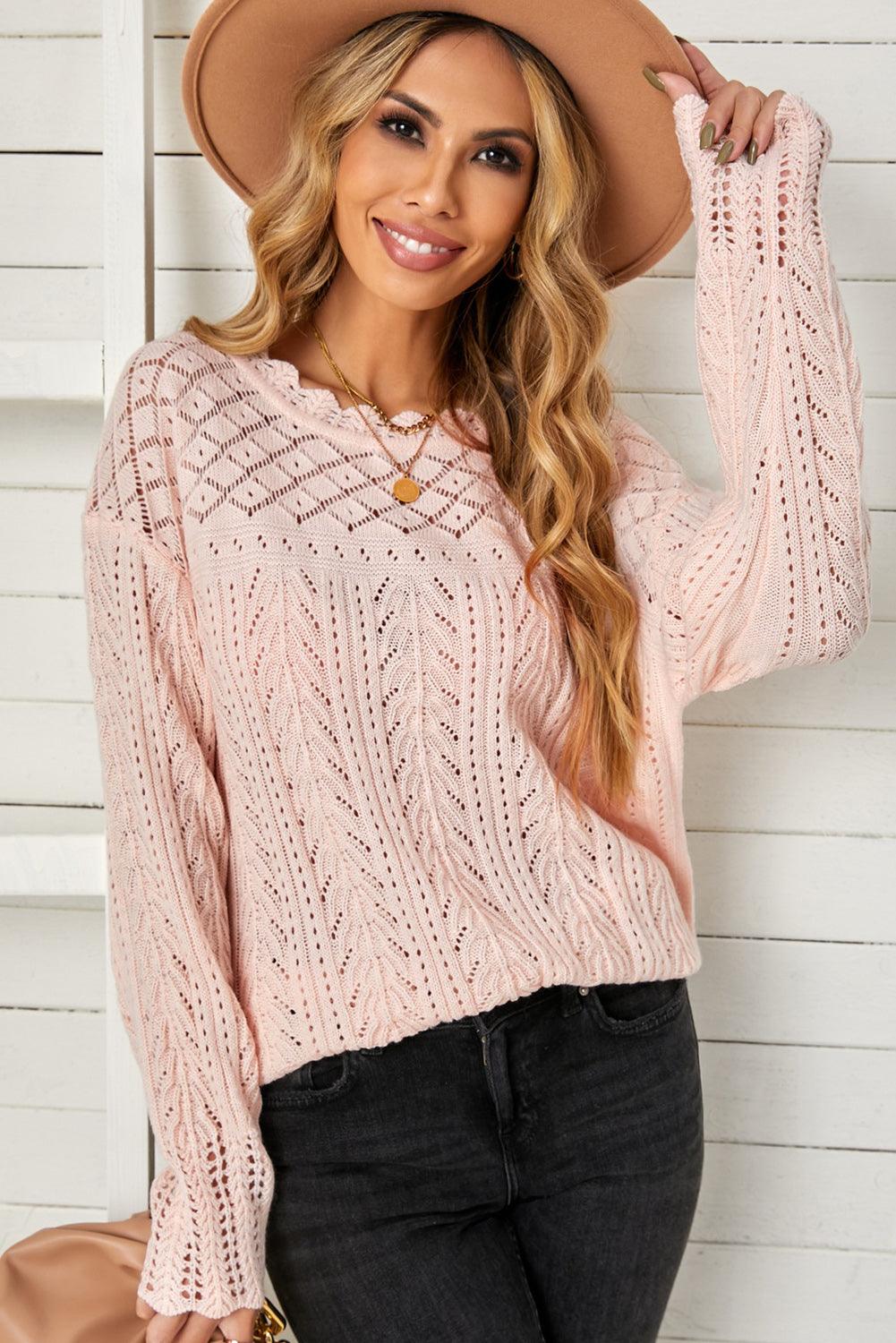 Openwork Scalloped Trim Knit Top - PRAYANS